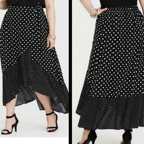 Torrid Polka Dot Faux Wrap Ruffled Maxi Skirt High Low Size 1X 14/16 Black White - Picture 2 of 14